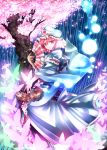  butterfly cherry_blossoms danmaku fan folding_fan hat nagare pink_eyes pink_hair saigyouji_yuyuko short_hair smile solo touhou tree triangular_headpiece 