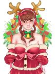  bare_shoulders bell breasts brown_hair christmas cleavage elbow_gloves gloves kusagami_style large_breasts lips original reindeer_antlers ribbon solo white_background 