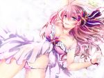  arm_up bare_shoulders blue_eyes breasts collarbone dress hair_ribbon long_hair looking_at_viewer lying megurine_luka mikami_mika navel on_back panties pink_hair pink_panties ribbon solo strap_slip underwear vocaloid 