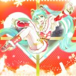  1ten belt boots detached_sleeves green_eyes green_hair hatsune_miku headphones heart highres long_hair outstretched_arms skirt solo spread_arms thigh-highs thighhighs twintails vertical-striped_legwear vertical_stripes very_long_hair vocaloid 