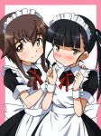  alternate_costume black_hair blush border brown_eyes brown_hair enmaided hair_ribbon highres long_hair looking_at_viewer maid maid_headdress multiple_girls ponytail ribbon sakamoto_mio short_hair smile strike_witches takei_junko wrist_cuffs yellow_eyes yumekaranigeruna 