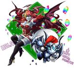  blue_skin boots breasts cleavage demon_tail dress fangs fishnets gloves green_eyes halo hera_(p&amp;d) high_heel_boots horns large_breasts looking_at_viewer metal_dragon_(p&amp;d) multicolored_hair multicolored_hairs outstretched_arm puzzle_&amp;_dragons red_hair redhead smile tail thigh-highs thigh_boots thighhighs wings youichi 