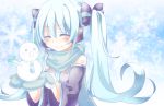  aqua_hair closed_eyes detached_sleeves eyes_closed hatsune_miku headphones highres mikoko_(mg2) mittens necktie scarf smile snowman solo spring_onion twintails vocaloid 