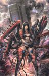  armor bikini black_hair blue_eyes breasts cable cloud clouds explosion highres kilart lightning lips machinery original shoulder_pads solo swimsuit weapon 