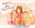  antlers box brown_eyes brown_hair capelet christmas_stocking fake_horns gift gift_box letta looking_at_viewer merry_christmas mittens original polka_dot polka_dot_background reindeer_antlers sack solo 