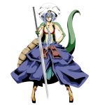  blue_hair breasts cleavage grin highres lizard_tail long_hair pixiv_fantasia pixiv_fantasia_5 potato_pot simple_background smile solo sword tail weapon white_background 