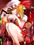  amua ascot bare_legs blonde_hair blood blood_on_face candle candlestick chair crying flandre_scarlet hat hat_ribbon highres legs ribbon short_hair side_ponytail sitting skirt skirt_set skull solo tears touhou wings 