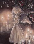  acrylic_paint_(medium) candle christmas dress holding long_hair looking_at_viewer nose original red_eyes signature smile solo toyoda_izumi traditional_media white_dress white_wings wings 