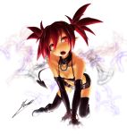  bangle bare_shoulders black_legwear blush boots bracelet collar collarbone demon_tail disgaea elbow_gloves etna etna_(artist) feathers gloves jewelry long_hair looking_at_viewer open_mouth pointy_ears red_eyes red_hair redhead short_shorts shorts signature solo tail thigh-highs thighhighs twintails 