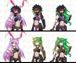  ^_^ alphes_(style) animal_ears bunny_ears cat_ears closed_eyes face_mask felyne fishnets frog_hair_ornament green_hair hair_ornament hairband hands_on_hips highres kaoru_(gensou_yuugen-an) kazami_yuuka kemonomimi_mode kochiya_sanae lavender_hair monster_hunter multiple_girls naruga_(armor) navel odd_one_out parody rabbit_ears red_eyes reisen_udongein_inaba smile snake_hair_ornament star star-shaped_pupils style_parody sweatdrop symbol-shaped_pupils touhou 