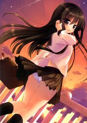  absurdres ass black_eyes black_hair black_legwear from_behind hair_tucking highres huge_filesize kneehighs long_hair looking_back original panties payot pleated_skirt sazaki_ichiri scan school_briefcase school_uniform serafuku skirt skirt_lift smile solo sunset underwear white_panties 