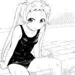  chuunibyou_demo_koi_ga_shitai! dekomori_sanae fence long_hair looking_at_viewer monochrome parted_lips pool school_swimsuit sitting solo swimsuit twintails very_long_hair watarai_keiji wet 