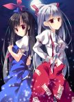  alternate_hair_color back-to-back black_hair blue_dress bow dress fujiwara_no_mokou full_moon hair_bow hair_ribbon hat kamishirasawa_keine kisaragi_kiriha long_hair long_sleeves moon multiple_girls neckerchief night pants puffy_sleeves purple_eyes red_eyes ribbon shirt short_sleeves silver_hair star_(sky) suspenders touhou very_long_hair violet_eyes 