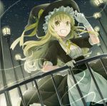  1girl apron asahikawa_hiyori blonde_hair braid clenched_teeth gloves hat kirisame_marisa lamppost lantern long_hair looking_at_viewer night solo star_(sky) touhou twin_braids waist_apron witch_hat yellow_eyes 