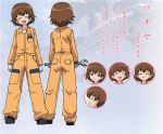  brown_eyes brown_hair character_sheet closed_eyes concept_art expressions eyes_closed girls_und_panzer gloves jumpsuit official_art overalls shoes short_hair smile solo standing tsuchiya wrench 