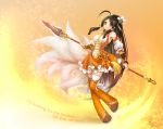  ara_han armpits black_hair boots detached_sleeves dress elsword english engrish gradient gradient_background long_hair multiple_tails orange_background orange_dress orange_eyes orange_legwear poklala polearm ponytail ranguage skirt smile solo spear tail thigh-highs thigh_boots thighhighs weapon yellow_background 