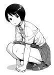  :o dress_shirt hands_clasped hiwatari kaida_bola kneehighs loafers monochrome plaid plaid_skirt school_briefcase school_uniform shirt shoes short_hair skirt solo squatting yotsubato! 