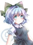 &#9320; ? blue_dress blue_eyes blue_hair bow cirno dress hair_bow highres kuromame_(8gou) looking_at_viewer no_wings puffy_sleeves shirt short_hair short_sleeves simple_background solo touhou white_background ã¢â€˜â¨ â‘¨ 