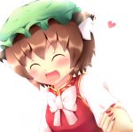  :d ^_^ animal_ears blush brown_hair cat_ears chen closed_eyes eyes_closed fang hand_holding hat heart holding_hands jewelry kane-neko open_mouth short_hair single_earring smile solo touhou white_background 