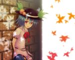  :d against_wall alternate_hair_length alternate_hairstyle autumn_leaves blue_hair blush bow brick_wall food fruit ghost_okada hat hinanawi_tenshi leaves long_hair looking_at_viewer open_mouth peach red_eyes short_hair smile solo touhou 