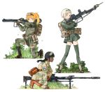  aiming anti-materiel_rifle anti-tank_rifle backpack bag bangs black_hair boots braid butterfly camouflage coh cross-laced_footwear dark_skin grass green_legwear gun hairband kneeling lace-up_boots m18_recoilless_rifle military military_uniform multiple_girls one_knee operations_mars orange_eyes parted_bangs piat pouches rifle silver_hair sniper_rifle thigh-highs thighhighs twin_braids twintails uniform weapon zettai_ryouiki 