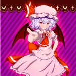  1girl ascot aura bat bat_wings brooch cross fang hand_on_hip hat hat_ribbon highres jewelry lavender_hair light_smile looking_at_viewer misumo mob_cap pointing pointing_at_viewer purple_background red_eyes remilia_scarlet ribbon short_hair skirt skirt_set slit_pupils striped striped_background touhou wings 