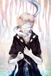  1boy bandages blindfold brown_hair bruise highres hoodie injury kagerou_project kano_(kagerou_project) knife red_eyes snake wowishi 