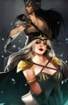  1girl armor ashe_(league_of_legends) black_hair bow_(weapon) breasts cleavage gloves green_eyes highres hood husband_and_wife large_breasts league_of_legends lips lipstick long_hair looking_at_viewer looking_back makeup na_young_lee shoulder_pads silver_hair smile tryndamere weapon 