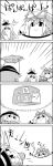  3girls 4koma arms_up can cat_food comic fish gap hat hat_ribbon highres holding_up kaenbyou_rin kaenbyou_rin_(cat) kamishirasawa_keine komeiji_koishi monochrome multiple_girls ribbon smile tani_takeshi third_eye thumbs_up touhou translated yakumo_yukari yukkuri_shiteitte_ne 