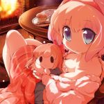  alice_margatroid alternate_costume between_breasts blonde_hair blue_eyes blush breasts capelet cleavage cup doll fire fireplace hairband holding looking_at_viewer shanghai_doll sitting smile solid_oval_eyes solo spoon table teacup touhou usoneko 