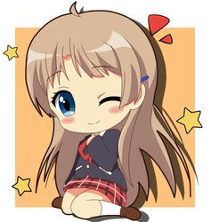  blonde_hair blue_eyes chibi chuunibyou_demo_koi_ga_shitai! dekomori_sanae hair_down highres inaka_gyomin long_hair school_uniform solo star wink 