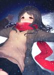  ac_(eshi) black_hair blush brown_eyes long_hair lying on_back original scarf school_uniform skirt snow snowing solo tears 