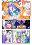  adult artist_request bare_shoulders blue_hair bow breasts choker comic fairy_wings furude_rika hair_ornament hairband hands_on_hips hanyuu higurashi_no_naku_koro_ni hime_cut horns japanese_clothes long_hair magical_girl miko multiple_girls official_art open_mouth purple_eyes purple_hair skirt taka_(aghalta) translated translation_request violet_eyes wand wings 