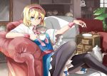  alice_margatroid black_legwear blonde_hair blue_eyes blush bow capelet couch dress emerane hairband leaf looking_at_viewer pantyhose plant potted_plant short_hair sitting smile solo spoon sugar_cube sunlight tea touhou white_background wrist_cuffs 