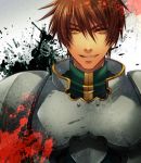  armor artist_request blood brown_eyes brown_hair grin male military_uniform rance rance_(series) sengoku_rance sharp_teeth short_hair smile solo 