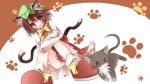  animal_ears blush bow brown_eyes brown_hair cat cat_ears cat_tail chen crossed_arms daidai_ookami ear_piercing fang hat highres jewelry long_sleeves looking_at_viewer multiple_tails open_mouth paw_print piercing red_shoes shirt shoes short_hair single_earring sitting skirt skirt_set solo tail touhou vest 