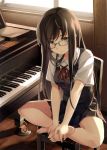  absurdres artist_request barefoot black_hair feet glasses grand_piano green_eyes hands_on_feet highres huge_filesize indian_style instrument light_smile long_hair original piano pleated_skirt scan school_uniform sitting skirt soles solo supertie toes vest 