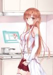  asuna_(sao) bare_shoulders blush breasts brown_eyes brown_hair detached_sleeves hiten_goane_ryu holographic_interface kitchen long_hair looking_at_viewer pot skirt solo stove sword_art_online thigh-highs thighhighs white_legwear 