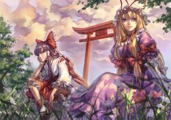  blonde_hair bow brown_eyes grass hair_bow hair_ribbon hair_tubes hakurei_reimu hakurei_reimu_(pc-98) hat hat_ribbon lips multiple_girls nose purple_eyes purple_hair ribbon sitting skirt sky torii touhou touhou_(pc-98) violet_eyes windyakuma yakumo_yukari 