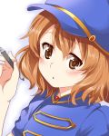  :o araki_hina blush brown_eyes brown_hair bust hat holding idolmaster idolmaster_cinderella_girls mitsuki_meiya pen short_hair simple_background solo white_background 