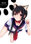  animal_ears bell black_hair blush brown_eyes cat_ears collarbone fake_animal_ears highres kentaurosu long_hair looking_at_viewer original paw_print school_uniform serafuku simple_background skirt solo twintails white_background 