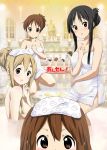  akiyama_mio augustus bathing blush breasts hirasawa_ui hirasawa_yui k-on! kotobuki_tsumugi long_hair looking_at_viewer multiple_girls nakano_azusa naked_towel onsen open_mouth ragho_no_erika short_hair smile statue steam suzuki_jun tainaka_ritsu toga towel 