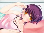  ahoge blush breasts collarbone looking_at_viewer lying on_side orange_eyes original purple_hair rayn short_hair solo 