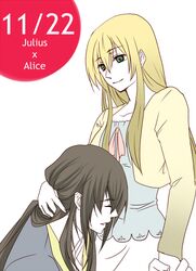  1boy 1girl alice_liddell black_hair blonde_hair closed_eyes eyes_closed green_eyes hand_holding heart_no_kuni_no_alice holding_hands julius_monrey long_hair long_sleeves pixiv_thumbnail smile 