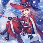  :d black_gloves blonde_hair blush boots broom cape cat gloves green_eyes guilty_dragon hat holding kaizeru open_mouth scarf sitting smile snowing solo sparkle watermark witch_hat 
