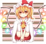  ascot blonde_hair blush covering covering_crotch flandre_scarlet hat hat_ribbon looking_at_viewer lowres puffy_sleeves red_eyes ribbon short_hair short_sleeves side_ponytail sitting smile solo spread_legs thigh-highs thighhighs touhou upskirt white_legwear wings yuria_(kittyluv) zettai_ryouiki 