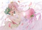  2girls bare_shoulders blonde_hair blush bouquet bridal_veil bride choker closed_eyes dress elbow_gloves flower gen_(enji) gloves green_hair hair_flower hair_ornament hug long_hair macross macross_frontier multiple_girls open_mouth ranka_lee sheryl_nome short_hair smile veil wedding_dress 