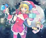  alice_margatroid alice_margatroid_(pc-98) arms_up blonde_hair blue_eyes blush capelet culter doll_joints dress gift gloves hairband hat holding open_mouth red_legwear sack santa_hat shanghai_doll short_hair solo thigh-highs thighhighs touhou touhou_(pc-98) wings 