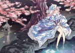  absurdres breasts cherry_blossoms hat highres japanese_clothes lantern long_hair petals pink_eyes pink_hair reflection ripples rock saigyouji_yuyuko sash sitting smile solo touhou tree triangular_headpiece water wide_sleeves 