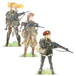  82nd_airborne american_flag assault_rifle beret blonde_hair bullpup coh english facepaint famas gun hat highres long_coat multiple_girls operations_mars ponytail rifle special_air_service thighhighs twintails weapon xm8 yellow_eyes 